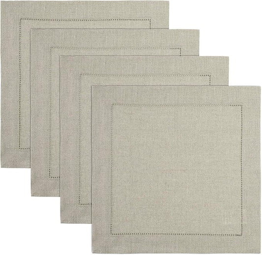 Solino Home Linen Square Placemats Set of 4-100% Pure Linen Natural Cloth Placemats 14 x 14 Inch - Classic Hemstitch, Machine Washable Place Mats for Holiday