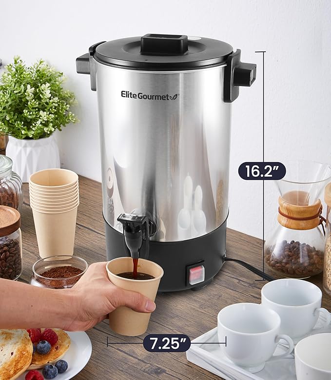 Elite Gourmet CCM-035 Maxi-Matic 30 Cup Stainless Steel Coffee Urn Removable Filter For Easy Cleanup, Two Way Dispenser with Cool-Touch Handles Electric Coffee Maker Urn, Stainless Steel