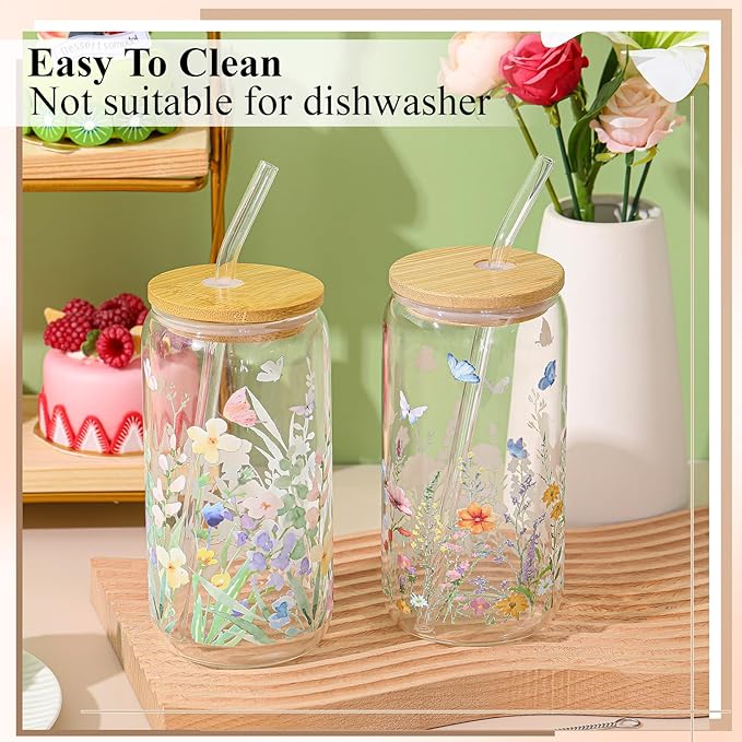 Mumufy Gift for Women Cute Glass Cup Tumbler Flower Iced Coffee Mugs 16 oz Glass with Bamboo Lid & Straw, Mothers Day Birthday Gift for Mom Sister Bridesmaid Baby Shower(2 Pack,Wild Flower1)