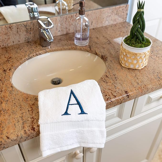 Monogrammed Hand Towels for Bathroom - Luxury Hotel Quality Personalized Initial Decorative Embroidered Bath Towel for Powder Room, Spa - GOTS Organic Certified - Set of 2 Navy Letter A