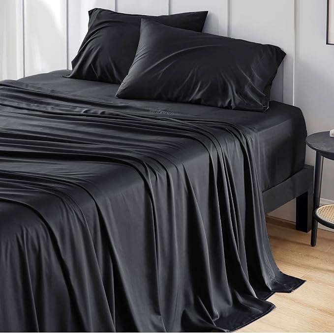 Bedsure Twin Sheets Set, Cooling Sheets Twin Size Bed Set, Rayon Derived from Bamboo, Twin Size Sheets, Breathable & Soft Bed Sheets, Hotel Luxury Silky Bedding Sheets & Pillowcases, Black