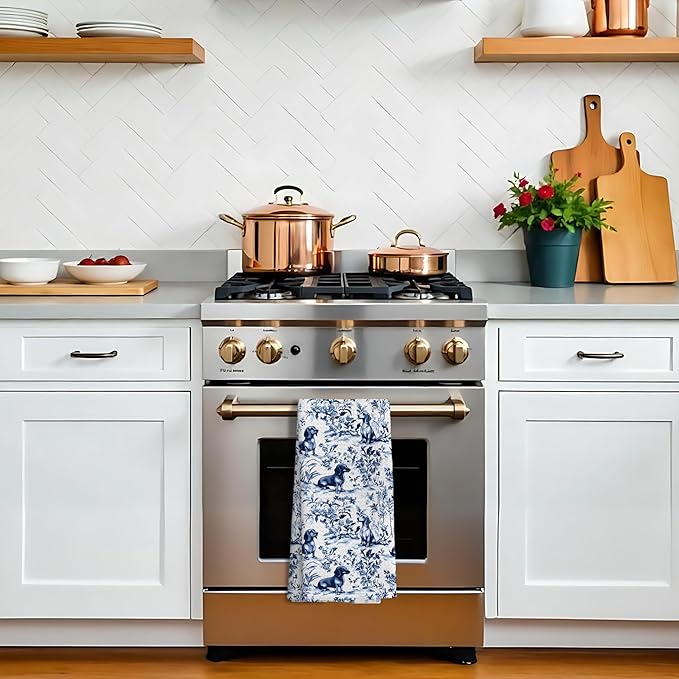 Chinoiserie Dachshund Kitchen Towels, Dachshund Gifts Decorative Dish Tea Towels, Blue and White Floral Botanical Grandmillennial Weiner Dog Hand Towels for Kitchen Bathroom, 16x24 Inch