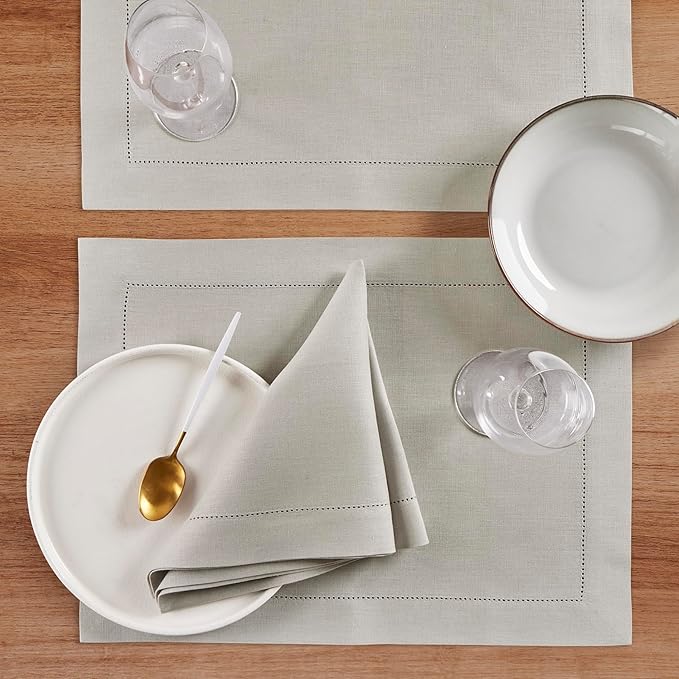 Solino Home Linen Cloth Napkins Set of 4-100% Pure Linen Light Grey Dinner Napkins 20 x 20 Inch - Medium Weight Hemstitch, Handcrafted and Machine Washable