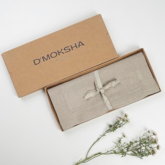D'Moksha Homes Linen Natural Table Runner 90 Inches Long - Classic Hemstitch 100% Pure Linen Dining Table Runner 14 x 90 Inch for Winter, Holiday, New Year