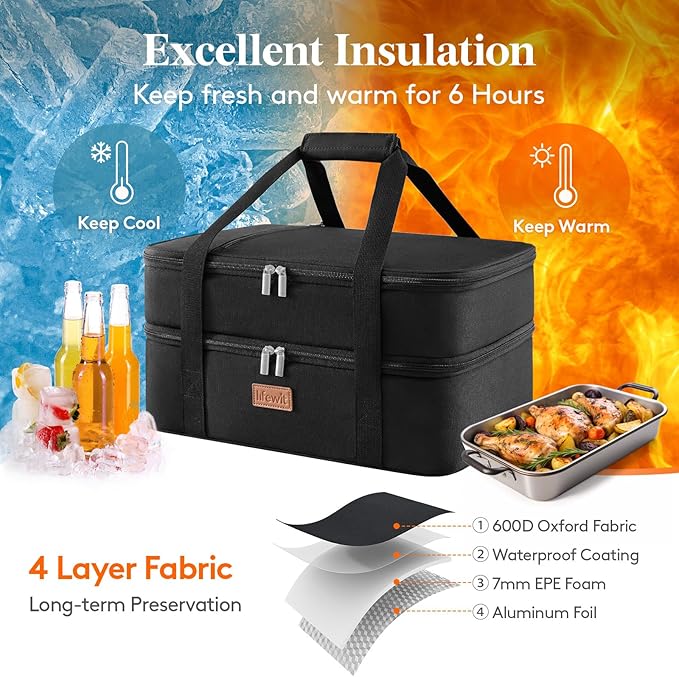 Lifewit Double Decker Insulated Casserole Carrier for Hot or Cold Food, Casserole Dish Carrying Case, Lasagna Holder for Potluck Parties/Picnic/Cookouts, Fits 9"x13" Baking Dish, Black