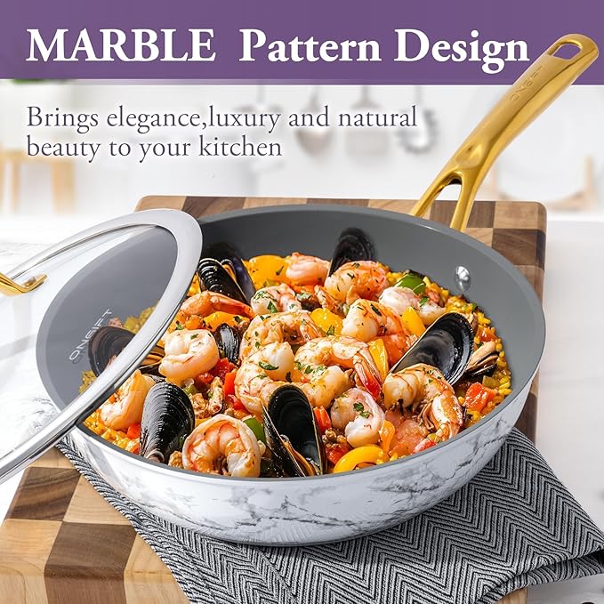 16Pcs Nonstick Cookware Sets, Kitchen Pots and Pans Set Non Stick for Cooking, Non Toxic Induction Cookware, Oven & Dishwasher Safe, Mable White