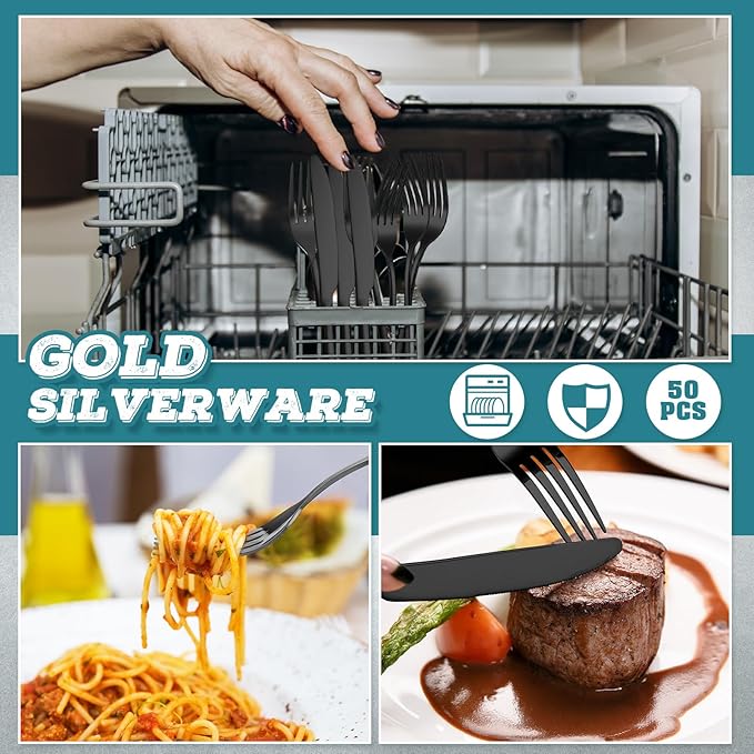 Nuenen 50 Pieces Stainless Steel Forks Silverware Set Dinner Forks and Knives Flatware Tableware Cutlery Set for Kitchen Restaurant(8.07 x 0.94 Inch, 9.06 x 0.79 Inch,Shiny Black)