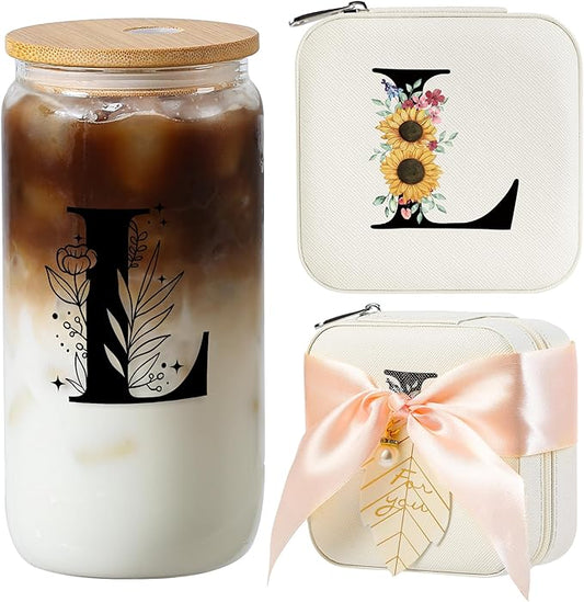 AYGXU glass cups with lids and straws,bridesmaid proposal gifts,personalized gifts for women,Birthday Gifts for women,Teacher graduation gifts,Mothers Day gifts,Initial L white