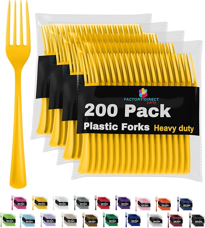 Party Solids Yellow Plastic Forks 200 Pieces Yellow Forks Disposable Utensils Heavy Duty Plastic Cutlery Set Disposable Cutlery Sets Flatware Sets Silverware Set Party Supplies & Party Tableware