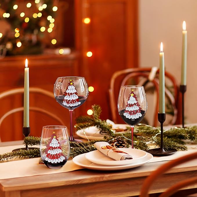 Joeyan Christmas Crystal Red and White Wine Glasses,Hand Painted Glass Goblet Drinking Glasses,Red Xmas Tree and Snowflakes Patterned Glass Tumbler Cups with Stem,Gift for Men Women,19.5 oz,Set of 2