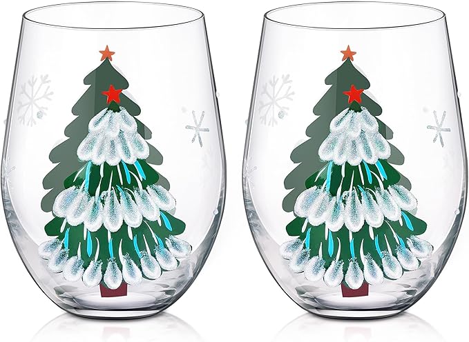 Joeyan Christmas Crystal Stemless Wine Glasses,Hand Painted Red or White Wine Glass Tumbler Cups,Large Green Xmas Tree and Snowflakes Patterned Drinking Glasses,Gift for Men Women Family,19oz,Set of 2