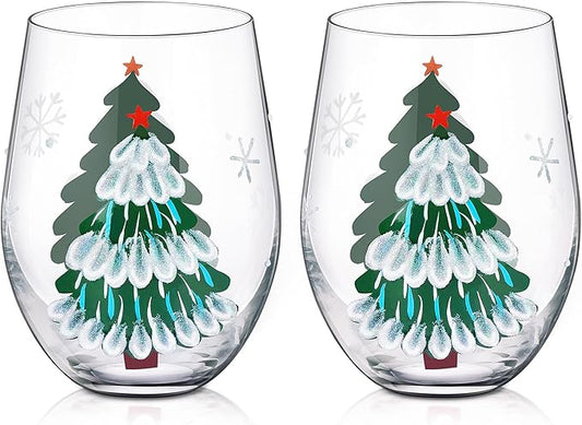 Joeyan Christmas Crystal Stemless Wine Glasses,Hand Painted Red or White Wine Glass Tumbler Cups,Large Green Xmas Tree and Snowflakes Patterned Drinking Glasses,Gift for Men Women Family,19oz,Set of 2