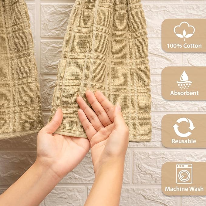 Blue Needles Hanging Kitchen Towels - Beige 100% Cotton Solid Kitchen Tie Towel, Set of 2 Hand Dish Cloth with Hanging Loops 9 x 17 Inches, Absorbent, Super Soft, and Fast Drying Home Essential