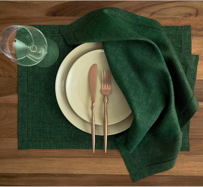 Solino Home Linen Cloth Placemats Set of 4-100% Pure Linen Hemstitch Forest Green Placemats 14 x 19 Inch - Milan Hemstitch Table Place Mats for Winter, New Year