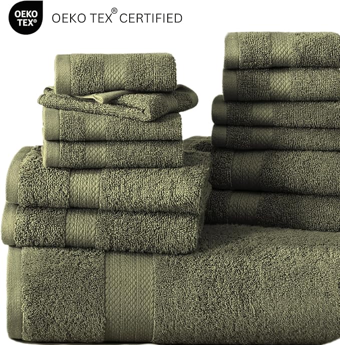 Lane Linen 100% Cotton Luxury Bath Towel Set - 16 Pieces - Ring Spun, Super Soft & Highly Absorbent - 4 Bath, 8 Washcloths, 4 Hand Towels for Bathroom - Minimal Lint & Fading, Pre Shrunk - Olive Green