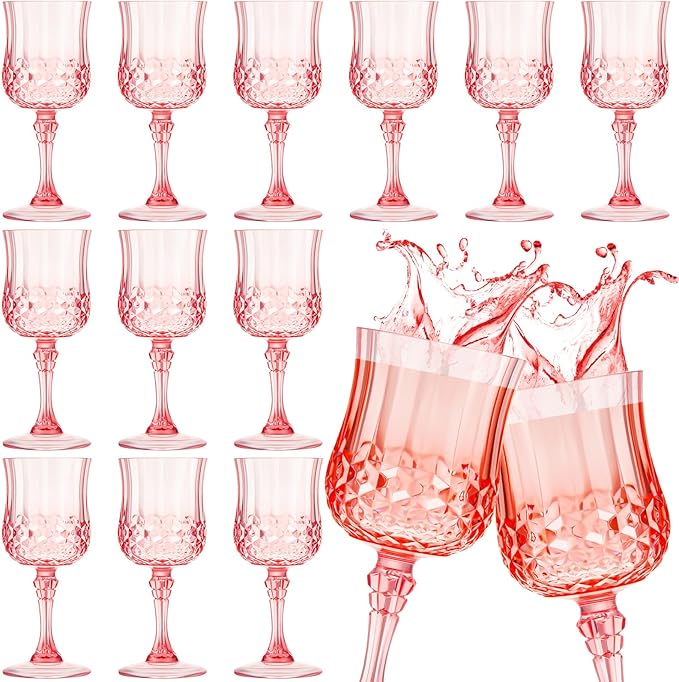 Pinkunn 12 Pcs 7 OZ Plastic Vintage Wine Glasses Reusable Colored Goblets Patterned Drinking Water Glasses Cup Dishwasher Safe for Halloween Wedding Reception Party Supplies (Pink)