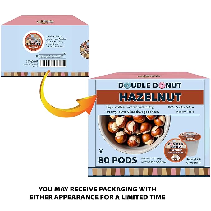 Double Donut Coffee Flavored Coffee Pods, Caffeinated Hazelnut Coffee Pods for Keurig K Cups Machines, Medium Roast, 80 Count (Pack of 1)