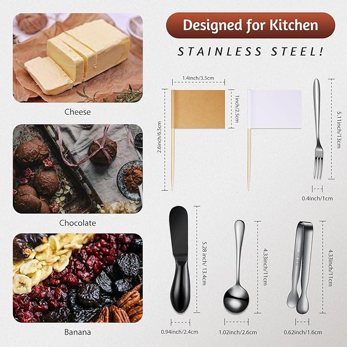 14 Pieces Charcuterie Board Accessories Cheese Spreader Knives Set Stainless Steel Charcuterie Utensils Spreader Knives Mini Serving Tongs Spoons and Forks for Cheese and Pastry Making (Black)