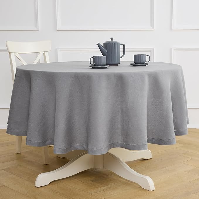Solino Home Linen Round Tablecloth 70 Inch - 100% Pure Linen Grey Round Tablecloth - Machine Washable Table Cloth - Sonoma Hemstitch