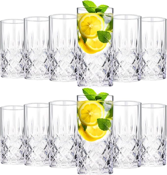 Uiifan Set of 12 Tall Highball Glasses 12 oz Crystal Drinking Glasses Clear Fancy Cups Vintage Textured Designer Glassware for Cocktail Tea Water Beer Soda Beverages, Dishwasher Safe (Classic Style)