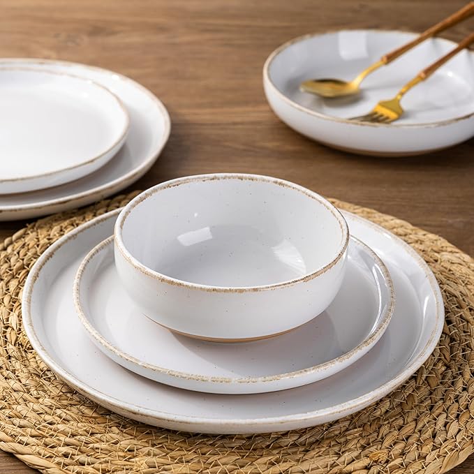 AmorArc Ceramic Dinnerware Sets for 4, 12 Pieces Handpainted Plates and Bowls Set with Rustic Terracotta Underside, Scratch Resistant Stoneware Dishes Set, Dishwasher & Microwave Safe, White