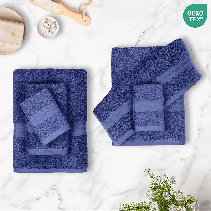 Amazon Basics 6 Piece Oversized Fade resistant Towel set, 100% Cotton towels for bathroom, soft and absorbent, 2 Bath Towels, 2 Hand Towels and 2 Washcloths bathroom towel set, Navy Blue