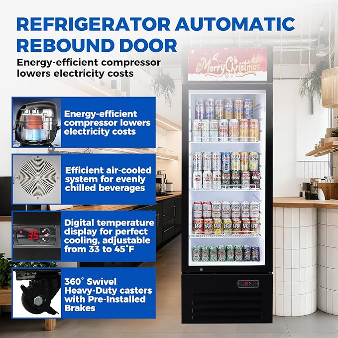 Commercial Refrigerators 9 Cu.Ft Upright Merchandiser Drink Cooler – Glass Door Beverage Fridge with LED Light, Adjustable Shelves, Lock Wheels – Display Refrigerator for Beer, Bar, Shop