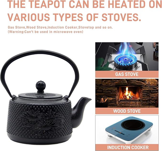 Cast Iron Teapot with Sunflower Pattern,SECHUDO Tea Kettle Coated with Enameled Interior for Loose Tea,Cast Iron Teapot with Stainless Steel Infuser for Stovetop Safe (28.7oz-Black)