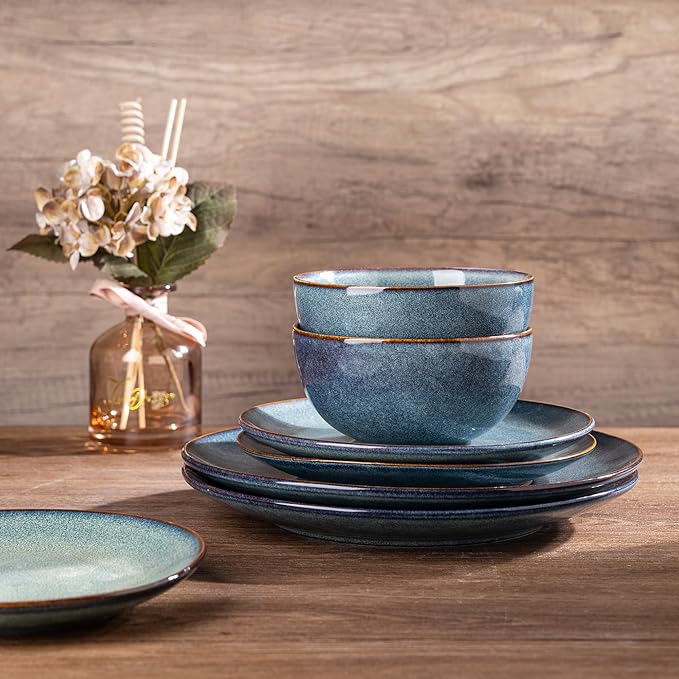 AmorArc Ceramic Dinnerware Sets for 8, 24 Pieces Handpainted Plates and Bowls Set, Scratch Resistant Stoneware Dishes Set, Dishwasher & Microwave Safe, Ceylon Blue