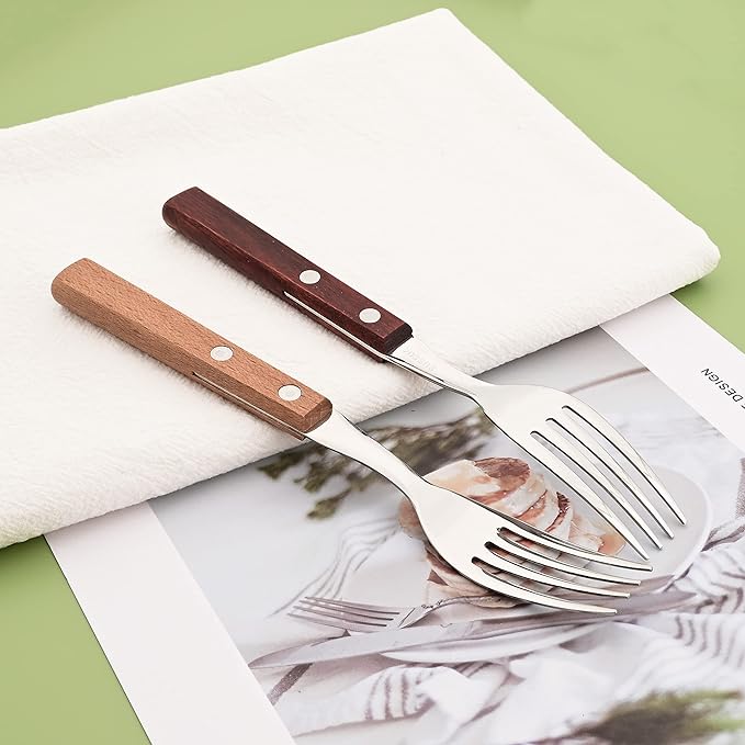 Dinner Forks Set of 8, Uniturcky 304 Stainless Steel Silverware Forks with Wooden Handle, Use for Dessert and Salad, Mirror Polishing, 7.9 Inches