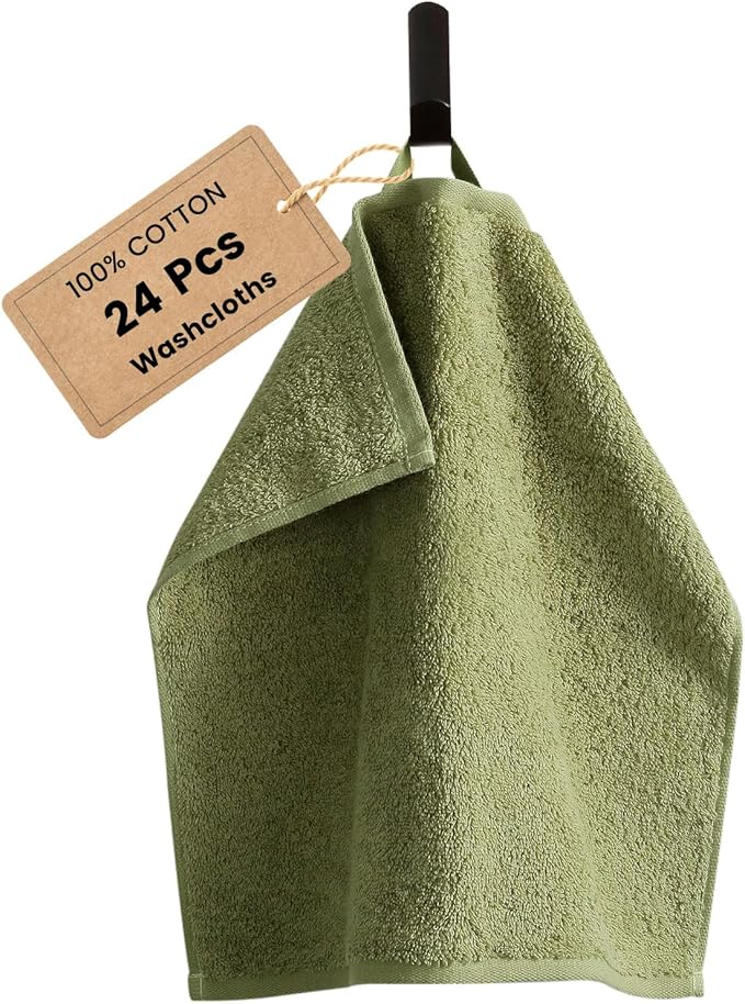 SEMAXE 100% Cotton Washcloths for Bathroom - 24 Pack, Quick-Dry Face Towels with Hanging Loop, Highly Absorbent and Soft, 13x13 Inch, Green