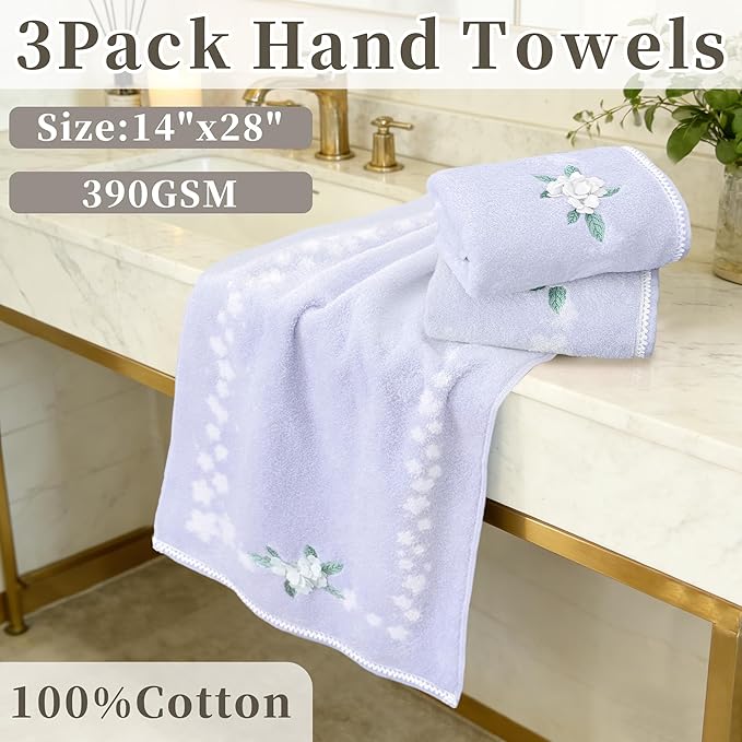 VOOVA & MOVAS Luxury Hand Towels, Bathroom Hand Towels Set of 3, 14"x28" - 100% Cotton | Quick Dry | Absorbent | Light Weight, Soft Towel Set for Showering & Guest, Flower Towel Gift, Purple