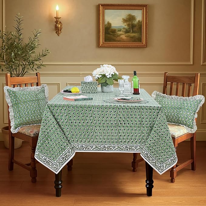 Ridhi Basil Green Hand Block Print Cotton Rectangle Tablecloth 120" x 80" inches Reusable Table Cover Decorative Everyday Use for Dining, Farmhouse, Home, Party, Festive, Wedding, Fall