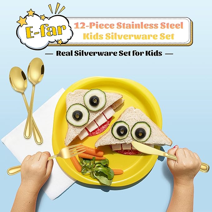 12-Piece Gold Kids Silverware, E-far Stainless Steel Toddler Kids Utensils Safe for Preschooler/Children, Includes 4 Forks 4 Spoons 4 Knife, Slimline Look & Small Size, Healthy & Rust Free