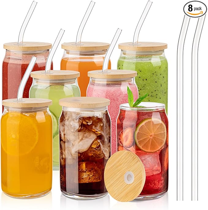 Glass Cups with Lids and Straws, 16 Oz - Set of 8 Reusable Iced Cold Coffee Tumblers - Clear Glass Bottle for Water with Bamboo Lids