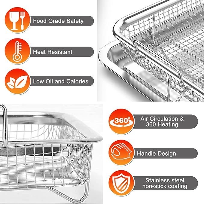 Air Fryer Basket for Oven,2 Pieces 11.8 * 8.8'' Non-stick Steel Mesh Grill Basket Air Fryer Baking Tray Accessories Rack Roasting Basket for Convection Oven with Air Fryer, Dishwasher Safe