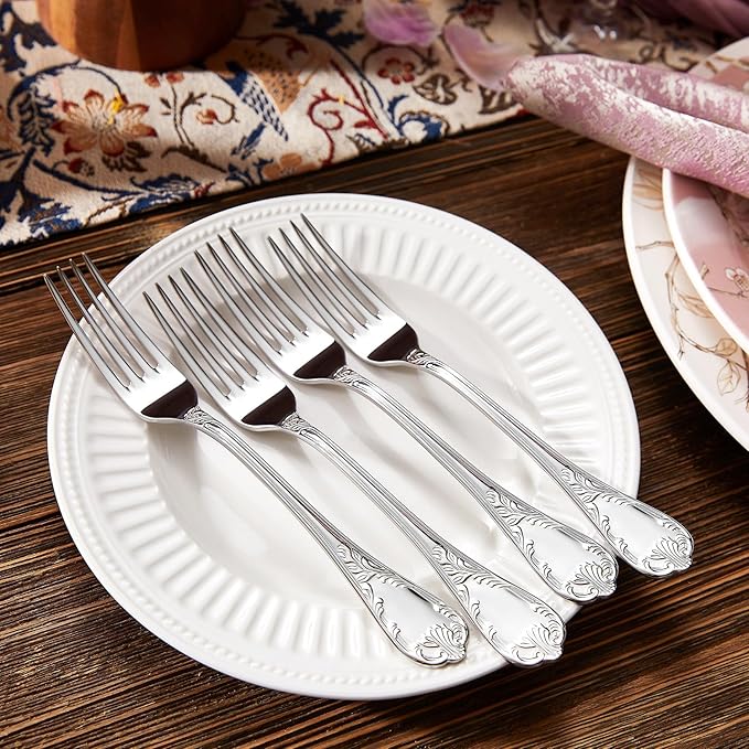 KEAWELL Premium Regalia Set of 4 Forks 7.4-Inch – Ornate 18/10 Stainless Steel Silverware with European Vintage Embossed Handles, Dishwasher Safe for Elegant and Formal Entertaining (4, Salad Forks)