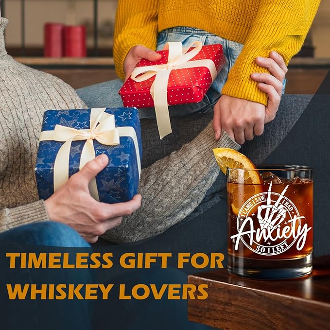 kunlisa Funny Anxiety Mental Health Whiskey Glasses, Anxiety Relief Gifts, Sarcastic Gothic Skeleton Psychology 10 oz Drinking Rocks Glasses for Women Men Whisky Cocktail Scotch Bourbon Liquor