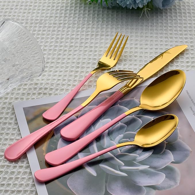 20 Piece Gold and Pink 18/0 Flatware Utensil Set for 4, Include Dinner Knife,Dinner Forks,Dinner Spoons,Salad Forks,Teaspoons,Silverware Set for 4, Dishwasher Safe