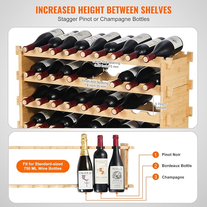 VEVOR 36 Bottle Stackable Modular Wine Rack, 4-Tier Solid Bamboo Wood Storage Racks, Floor Freestanding Wines Holder Display Shelf, Wobble-Free Shelves for Kitchen, Bar, and Cellar (Natural Color)
