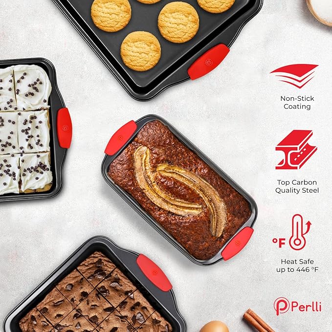 PERLLI Non-Stick 17-Piece Baking Pan Set, BPA-Free Carbon Steel Bakeware Set with Silicone Handles, Stackable Kitchen Oven Set, Cookie Sheet, Baking Tray, Baking Sheet Set, Utensils, Oven Safe (446°F)