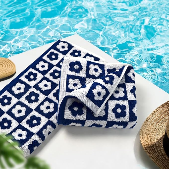 Jacquotha Cotton Hand Towels Navy Checkered Floral - Quick Drying Hand Towel Set of 4 for Kitchen Bathroom Decor, 29” x 13”