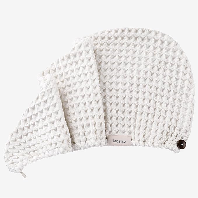 100% Organic Cotton Hair Drying Waffle Towel Wrap for Women | Absorbent & Quick Dry Head Turban for Wet Hair in Shower Sauna Spa, Extra Large for Long Straight Curly Plopping Button (White, 1 PACK)
