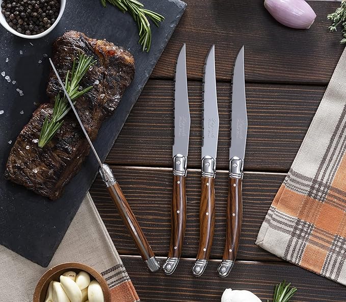 French Home Laguiole 4-Piece Steak Knife Set – Sophisticated Stainless Steel Dinner Knives with Wood Grain Handles & Iconic Bee Emblem – Serrated Knives for Smooth Cutting (9.25")