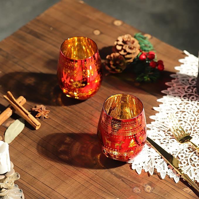 Joeyan Stemless Wine Glasses - Large Handmade Wine Glass Cups, Elk Snowflake Patterned Tumblers, 18 oz, Set of 2, Great for Gifts