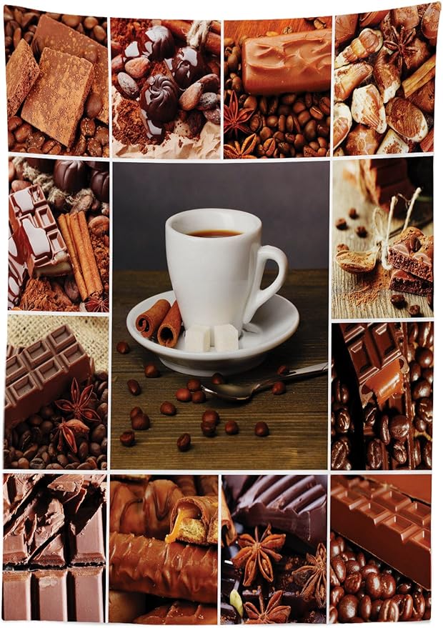 Ambesonne Brown Tablecloth, Coffee and Chocolate Themed Collage Mug Cinnamon Bars Cocoa Tasty Yummy Snacks, Dining Room Kitchen Rectangular Table Cover, 60" X 84", White Brown