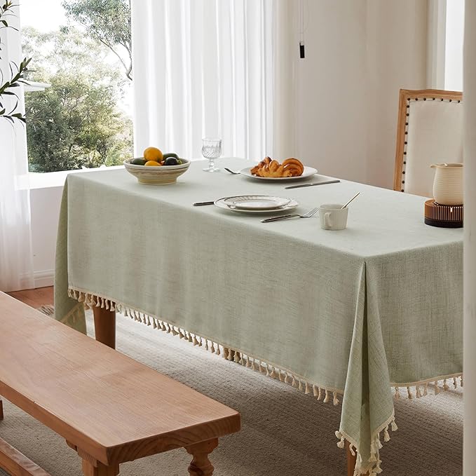 Linen Tablecloth with Tassels, Farmhouse Style Green Tablecloth, Water Resistant Burlap Tablecloths for Square Table, 60x60 Inch Green