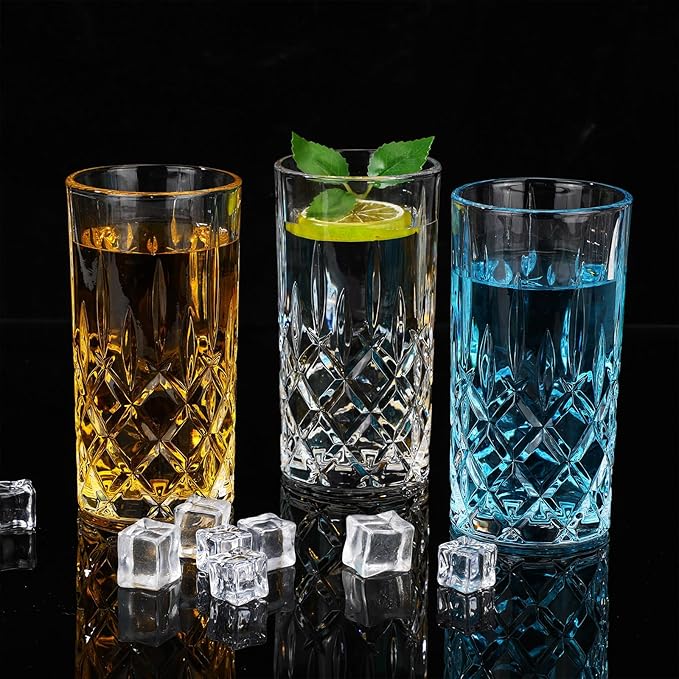 Uiifan Set of 12 Tall Highball Glasses 12 oz Crystal Drinking Glasses Clear Fancy Cups Vintage Textured Designer Glassware for Cocktail Tea Water Beer Soda Beverages, Dishwasher Safe (Classic Style)