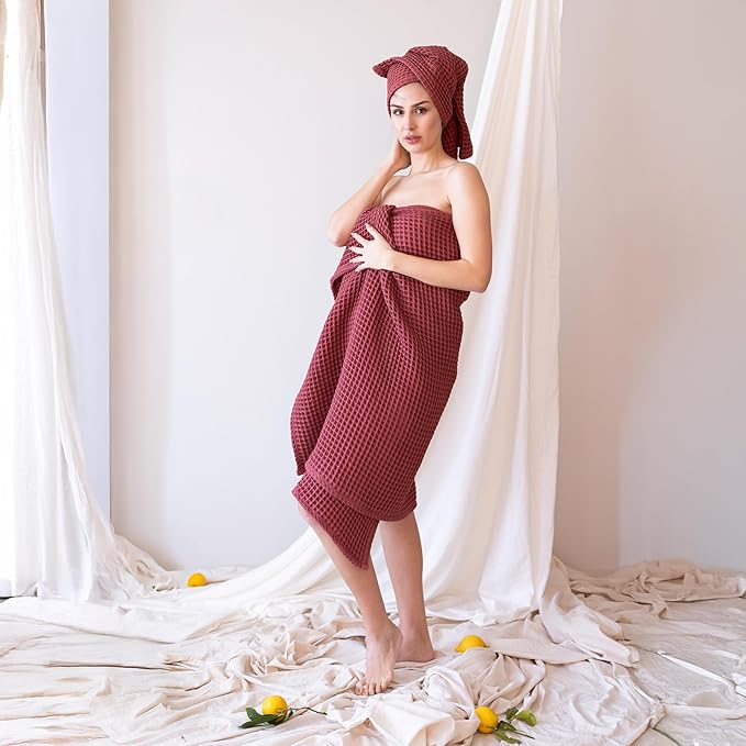 2-Piece Waffle Towels Set for Bathroom Dark Red - Soft 100% Turkish Cotton Quick-Dry Lint-Free Waffle Weave Thin Bath and Hand Towels (Dark Red, Set of 2 Mix Towels)