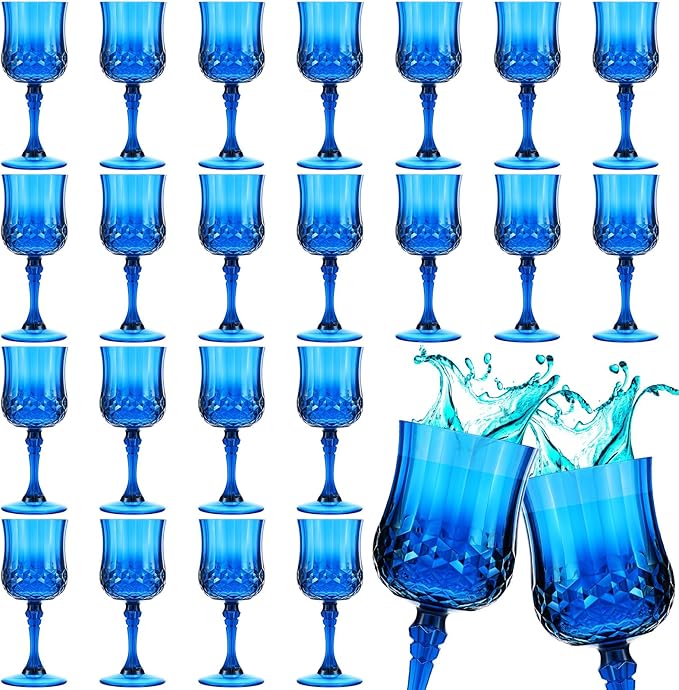 Pinkunn 50 Pcs 7 oz Plastic Vintage Wine Glasses Reusable Colored Goblets Patterned Drinking Water Glasses Cup Dishwasher Safe for Christmas Wedding Reception Party Supplies (Dark Blue)